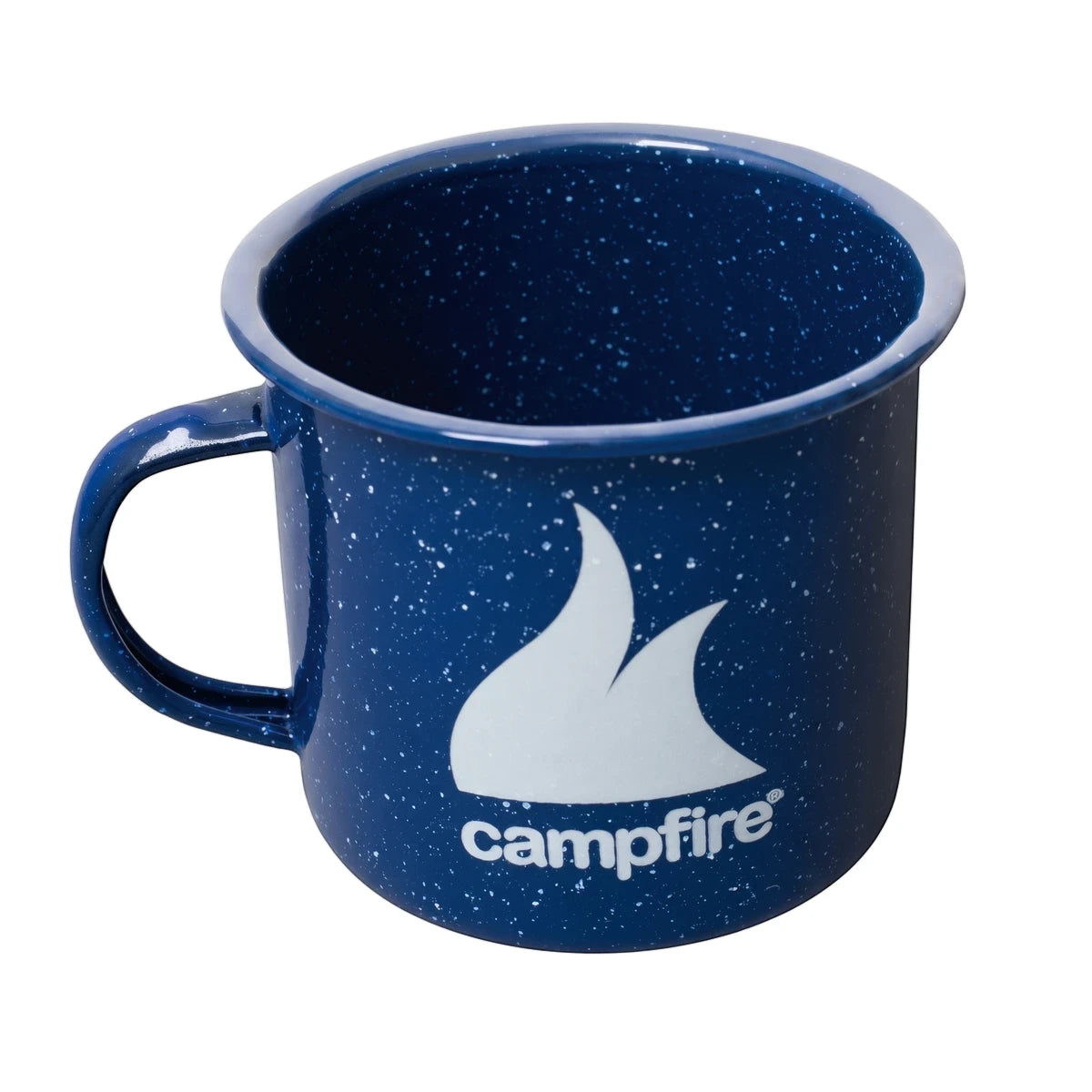 Blue speckled 8cm enamel camping mug with a white campfire logo, shown from an overhead angle.