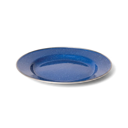 Blue speckled enamel camping plate with a stainless steel rim, viewed from a slight angle on a white background.
