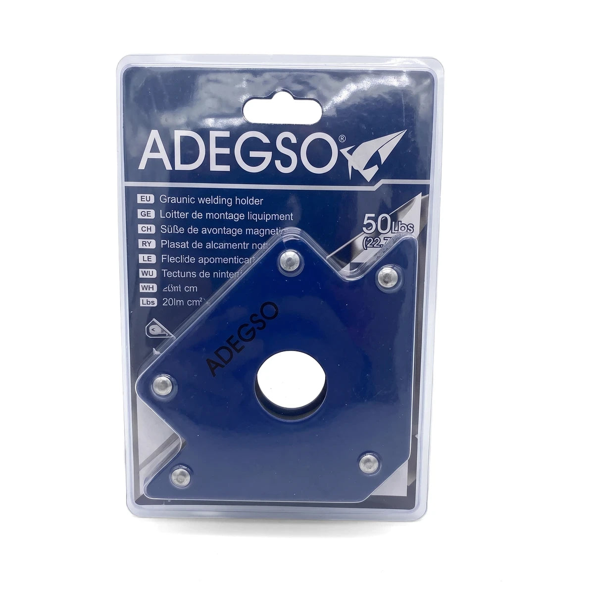 Blue triangular ADEGSO 50Lbs (22.7Kg) welding magnet in clear retail packaging for holding metal workpieces.