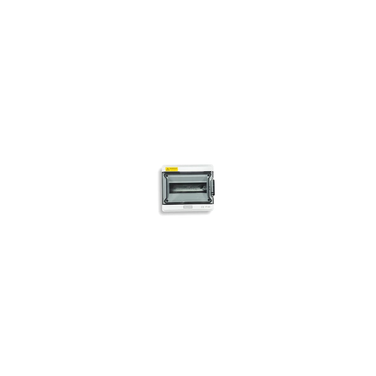 White surface-mounted electrical distribution board, 9 way, with a transparent protective cover.