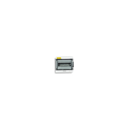 White surface-mounted electrical distribution board, 9 way, with a transparent protective cover.