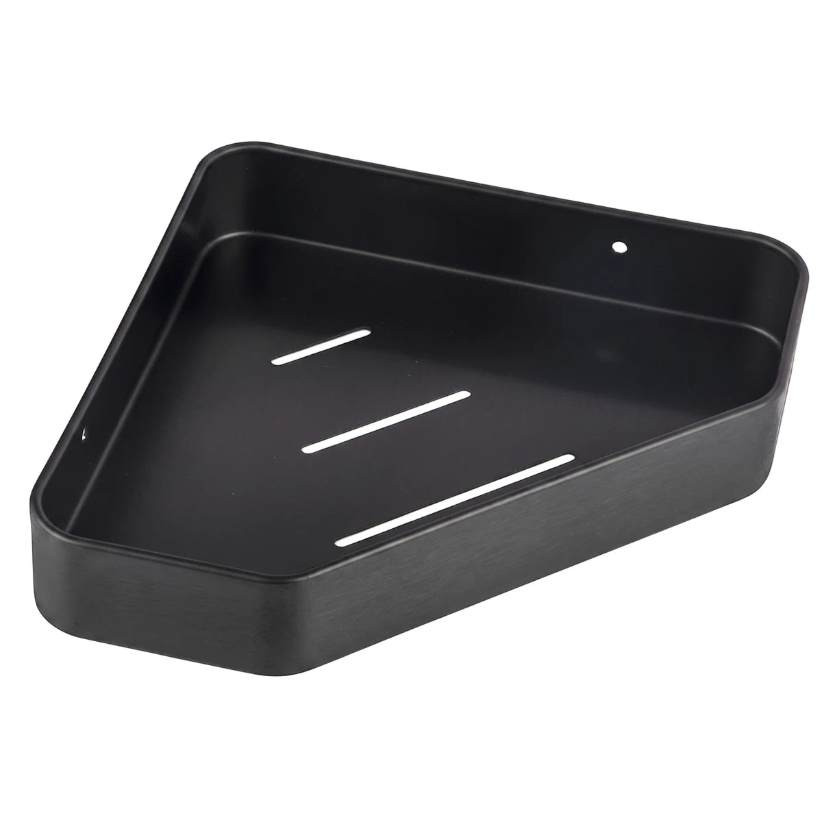 Bodie Black Diamond triangular metal shower shelf in a matte finish with drainage slots, designed for wall mounting.