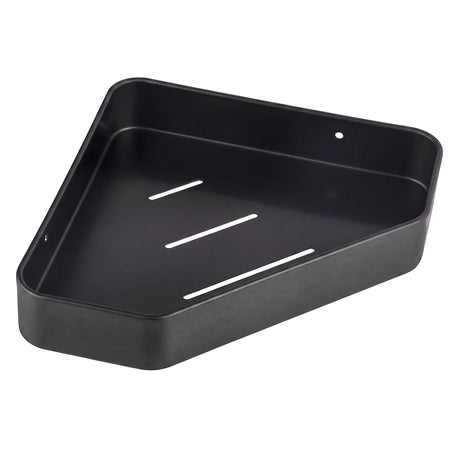 Bodie Black Diamond triangular metal shower shelf in a matte finish with drainage slots, designed for wall mounting.