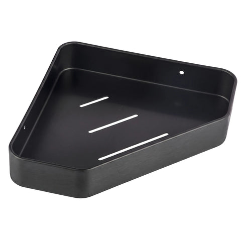 Bodie Black Diamond triangular metal shower shelf in a matte finish with drainage slots, designed for wall mounting.