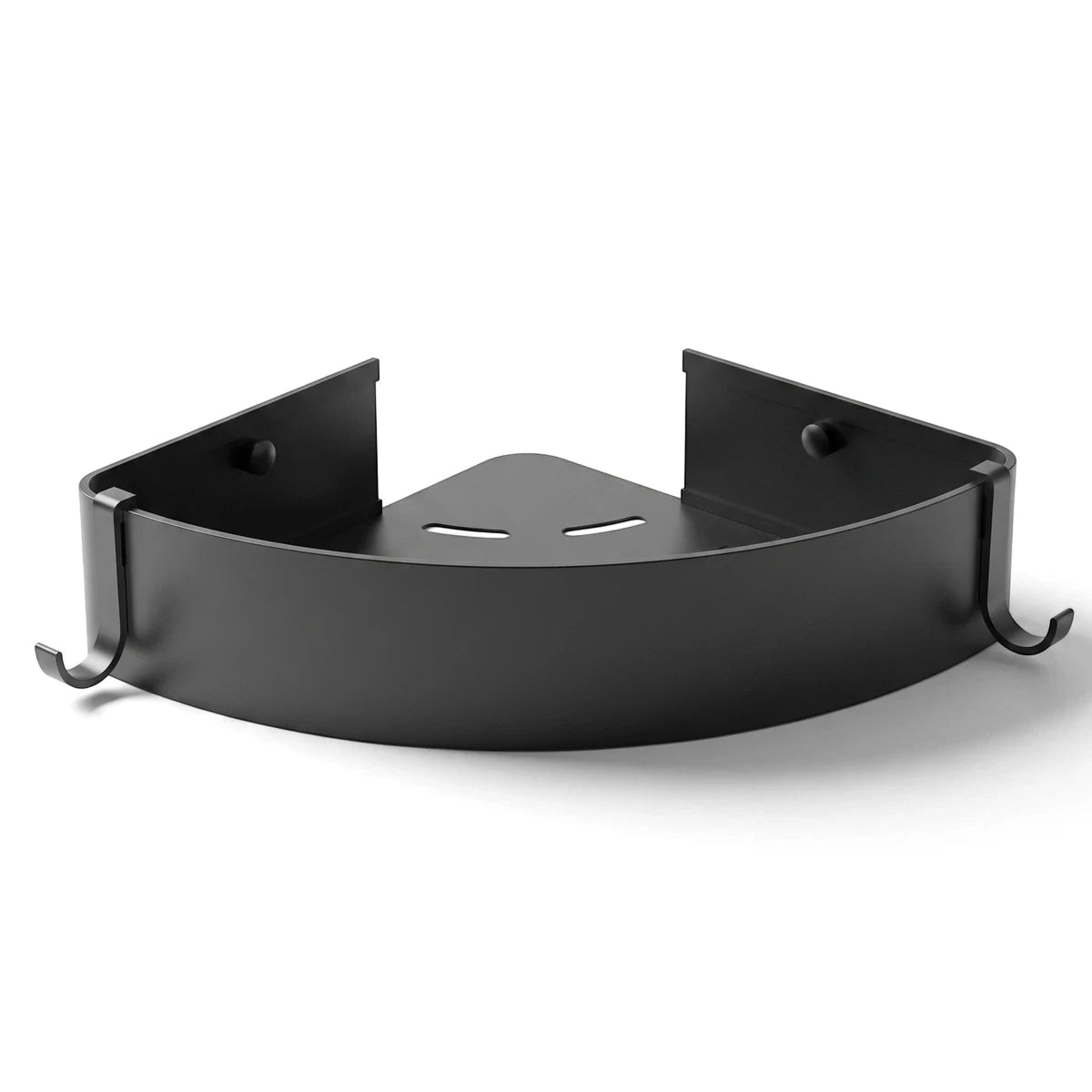 Black Bodie Onyx corner shower shelf with integrated hooks, designed for bathroom organization. Made of dark metal with a