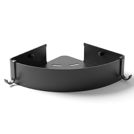 Black Bodie Onyx corner shower shelf with integrated hooks, designed for bathroom organization. Made of dark metal with a