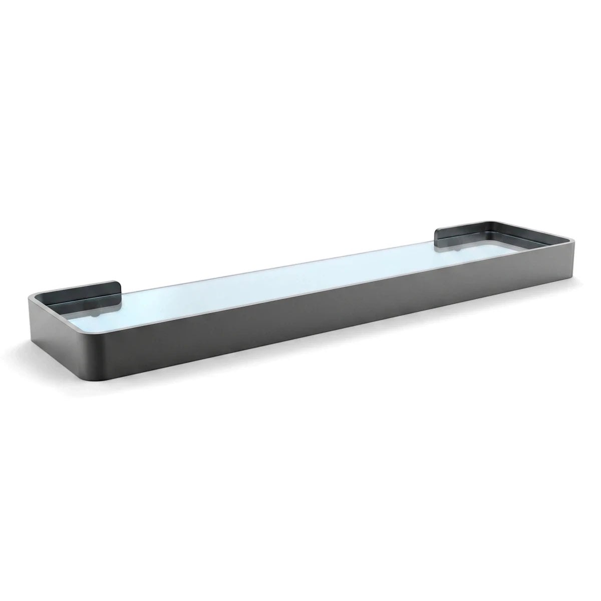 Bodie onyx glass shelf with a dark grey metal frame and clear blue tinted glass, providing a sleek storage option.