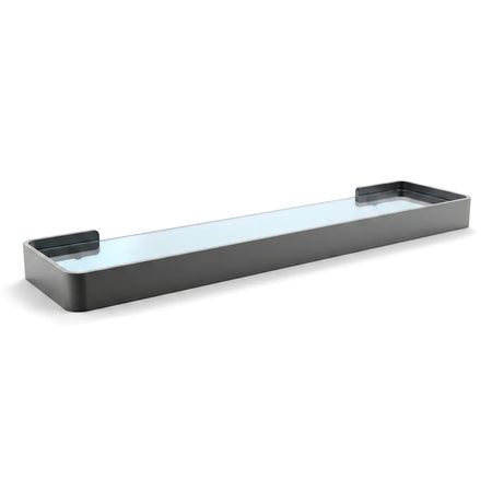 Bodie onyx glass shelf with a dark grey metal frame and clear blue tinted glass, providing a sleek storage option.