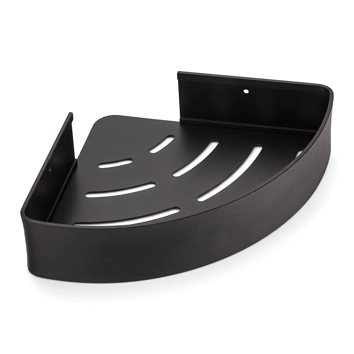 Bodie Onyx matte black metal corner shower shelf with drainage slots, designed for wall mounting.