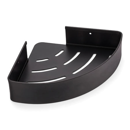Bodie Onyx matte black metal corner shower shelf with drainage slots, designed for wall mounting.