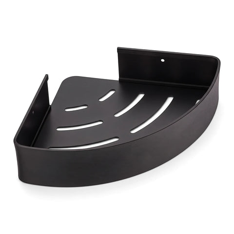 Bodie Onyx matte black metal corner shower shelf with drainage slots, designed for wall mounting.
