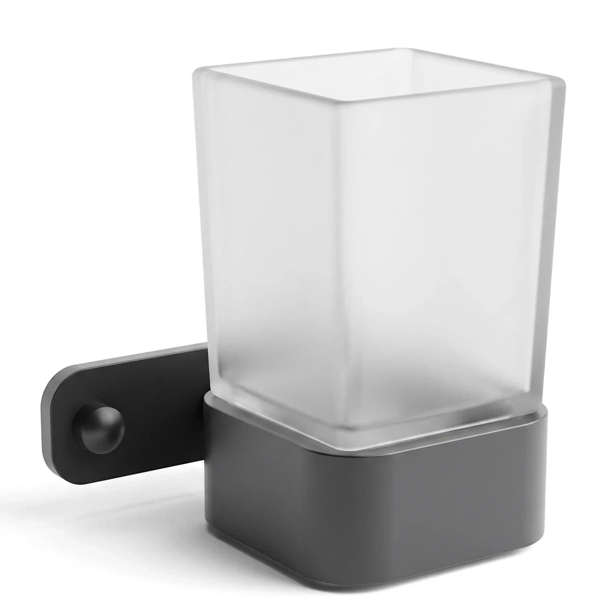 Bodie Onyx wall-mounted toothbrush tumbler with frosted glass and a dark grey square base, shown from a front angle.
