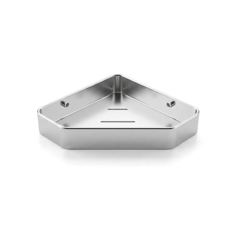 A shiny silver Bodie Diamond corner shower shelf. This metallic, triangular bathroom accessory features drainage slots.