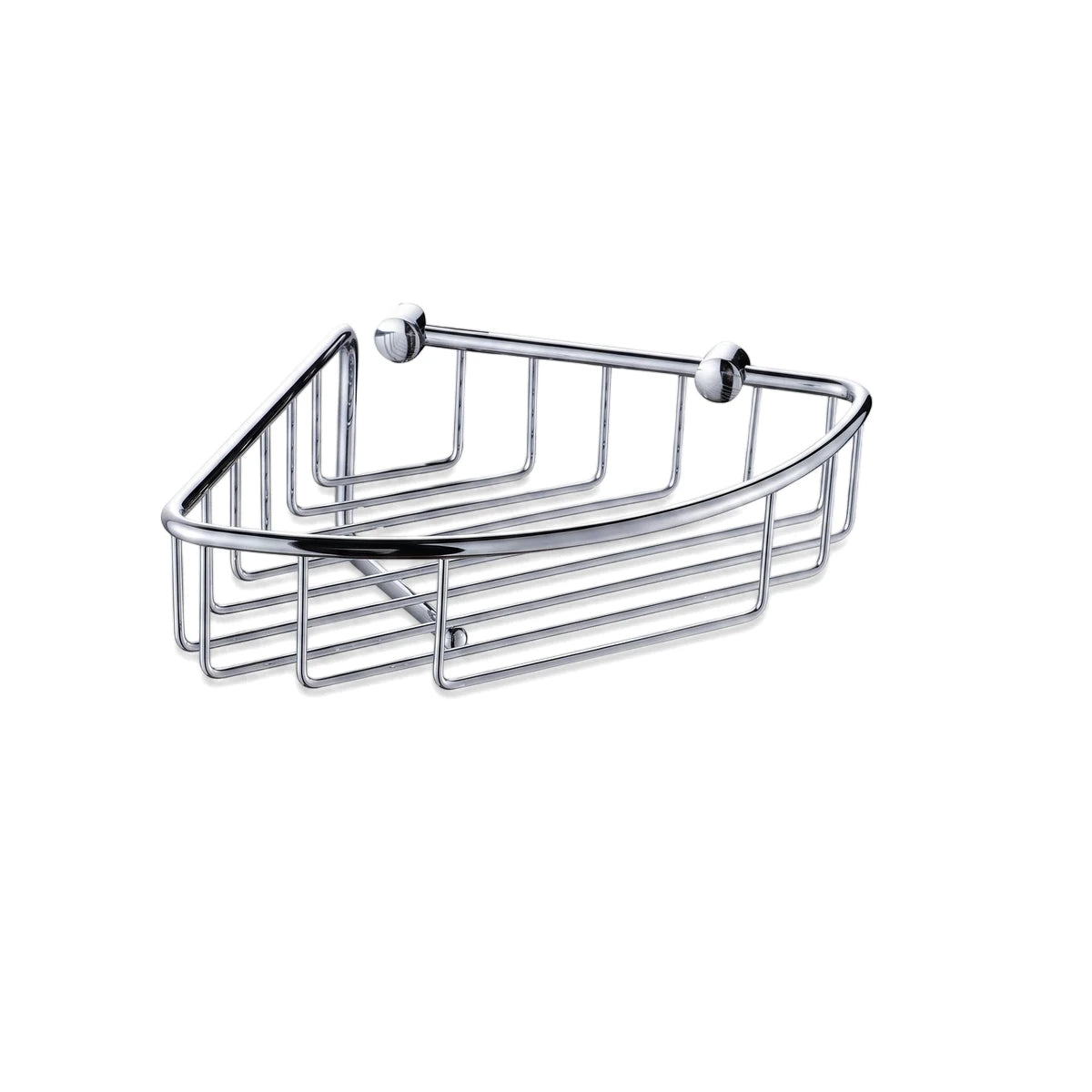 Bodie Universal Round Corner Shower Caddy in polished stainless steel, designed with a wire basket for efficient storage.