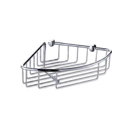 Bodie Universal Round Corner Shower Caddy in polished stainless steel, designed with a wire basket for efficient storage.