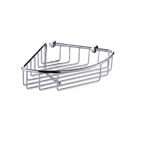 Bodie Universal Round Corner Shower Caddy in polished stainless steel, designed with a wire basket for efficient storage.