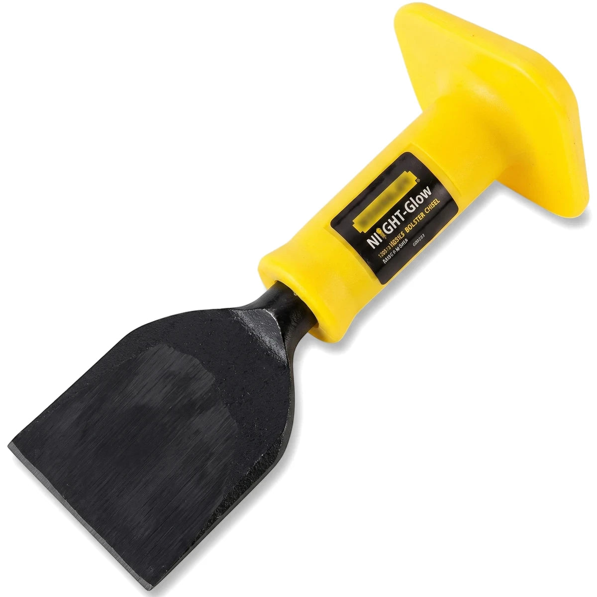 Black bolster chisel with yellow grip protector, 75mm, a durable hand tool for masonry and demolition work.