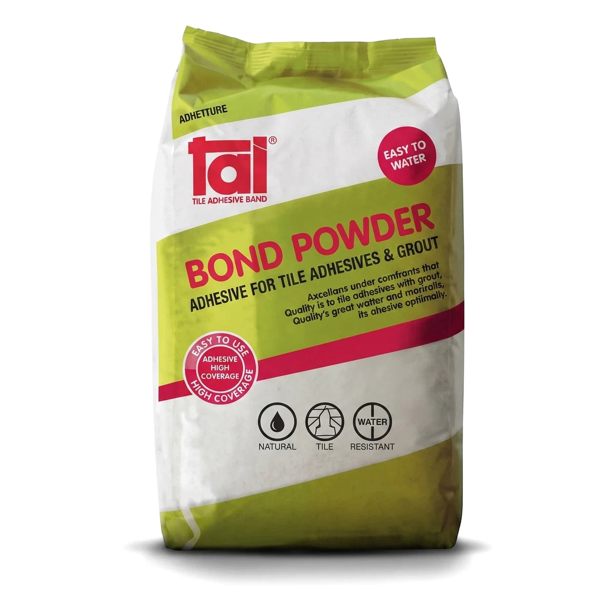 Bond Powder White 1Kg bag for tile adhesives and grouts, featuring green and pink branding, on a white background.