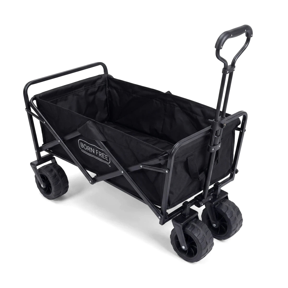 Black Born Free Camp Cruiser folding utility cart with large wheels and an extended handle, shown from an elevated