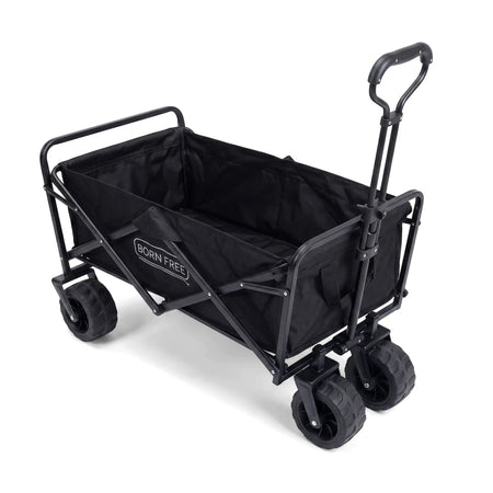 Black Born Free Camp Cruiser folding utility cart with large wheels and an extended handle, shown from an elevated