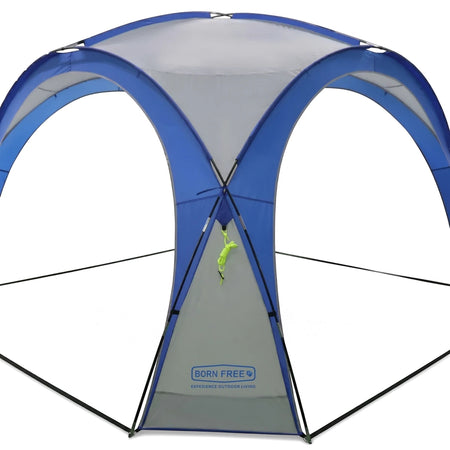 Born Free Eazi Outdoor Shelter, a blue and grey arched canopy designed for outdoor living and shade.