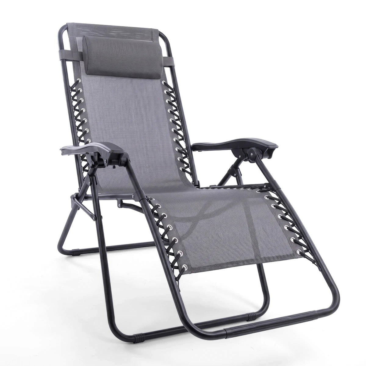 Born Free grey zero-gravity sun lounger with black metal frame, shown fully extended and ready for relaxation.