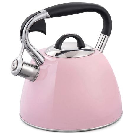 Pink Born Free stove whistling kettle with a black ergonomic handle and chrome accents, photographed on a clean white