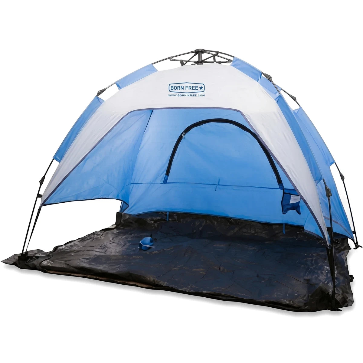 Born Free Quick Pitch Beach Shelter in blue and white, designed for portable outdoor sun protection.