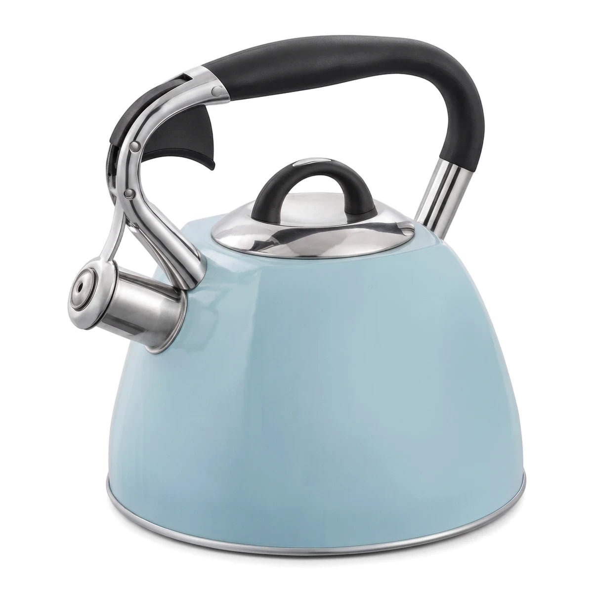 Light blue Born Free stove whistling kettle with black ergonomic handle and chrome accents for boiling water, side view.