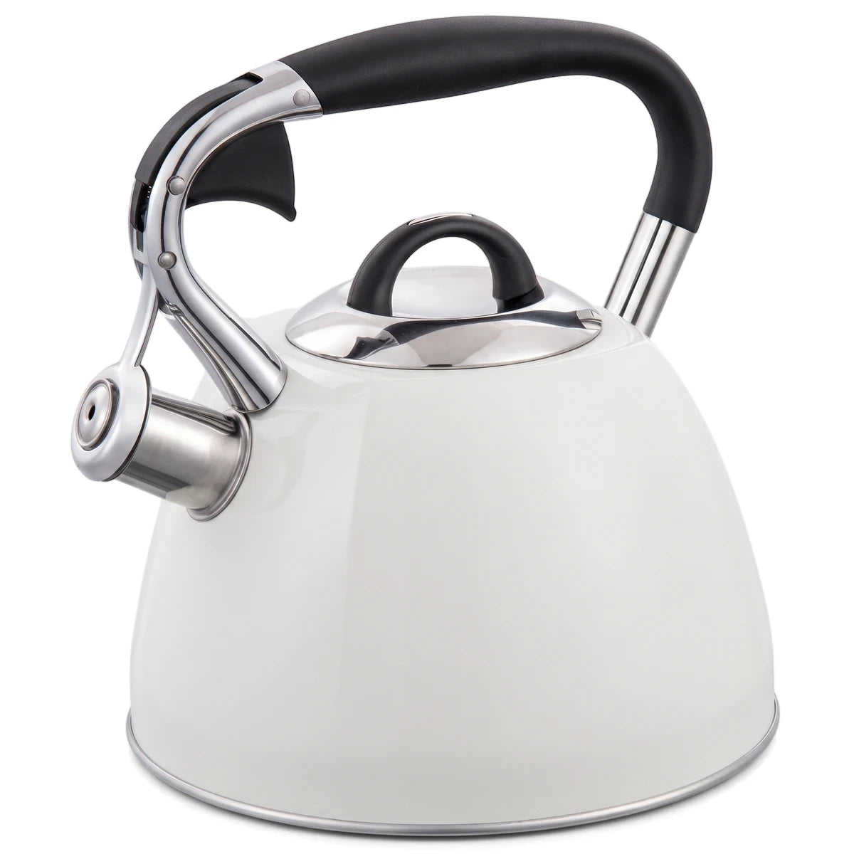 Born Free stove whistling kettle in pink with stainless steel spout and black handle, angled side view.