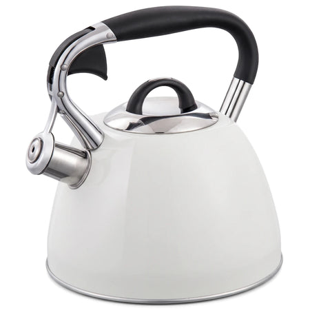 Born Free stove whistling kettle in pink with stainless steel spout and black handle, angled side view.