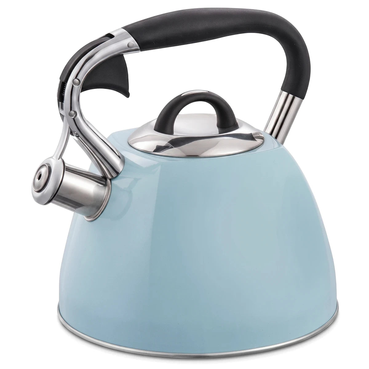 Light blue Born Free whistling kettle with stainless steel accents and a black ergonomic handle, shown from a slightly