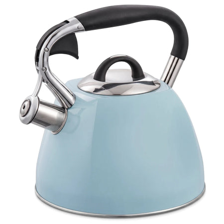 Light blue Born Free whistling kettle with stainless steel accents and a black ergonomic handle, shown from a slightly