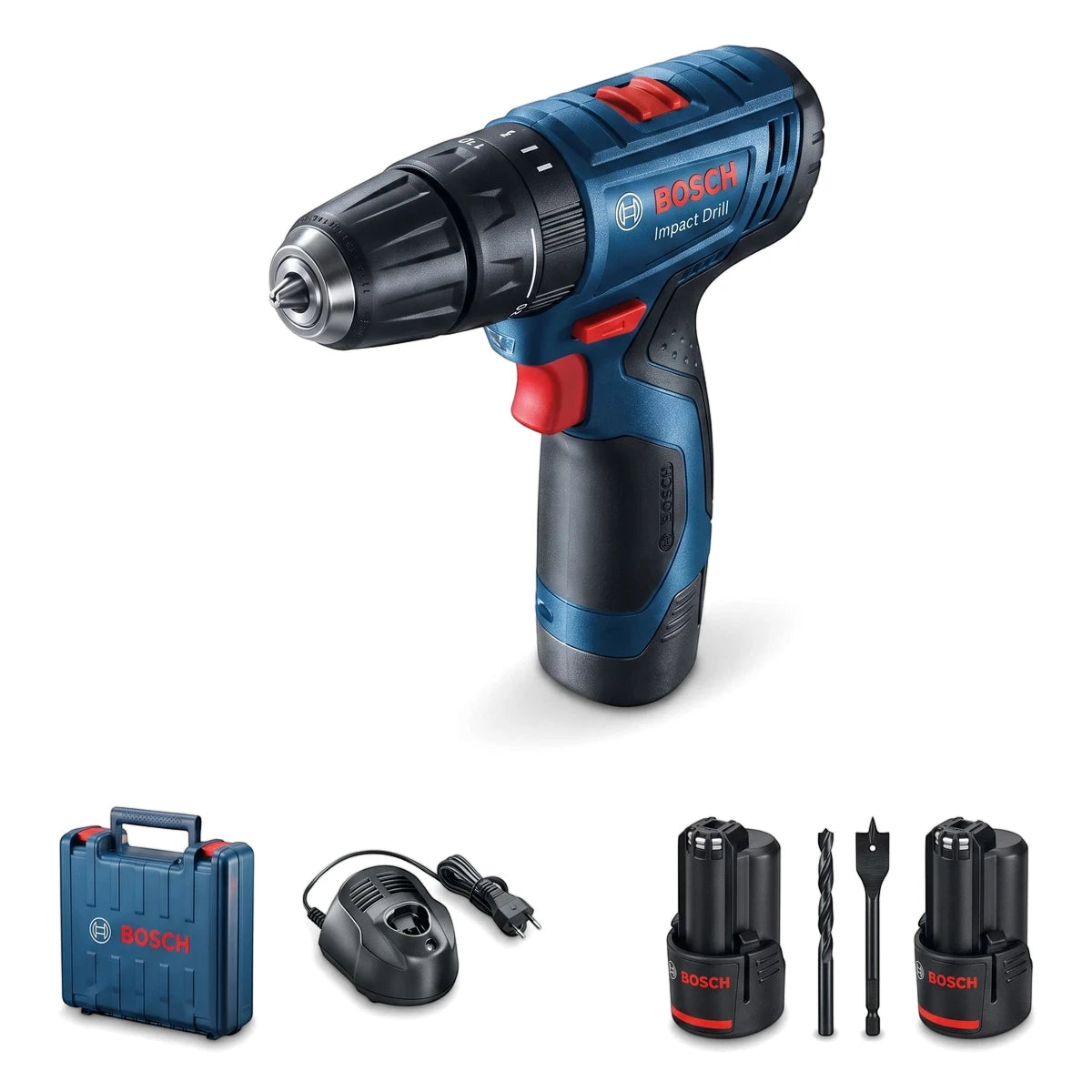 Blue and black Bosch 12V Cordless Impact Drill Kit with charger, two batteries, and carry case.