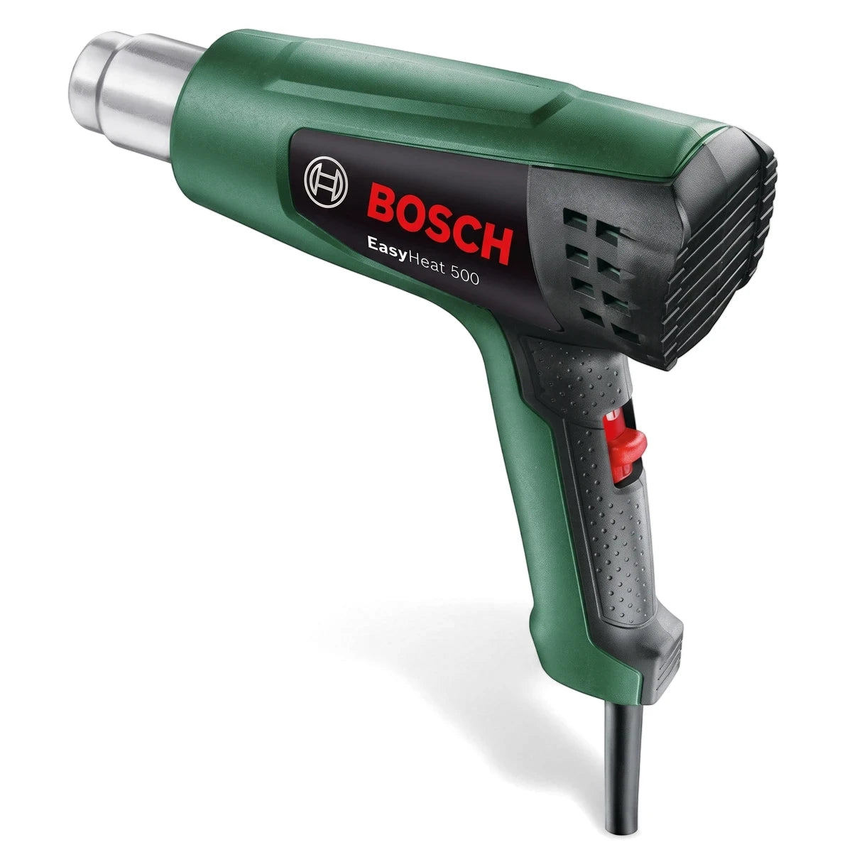 A green and black 1600W Electric Heat Gun by Bosch, angled slightly, showcasing its silver nozzle and red power switch.