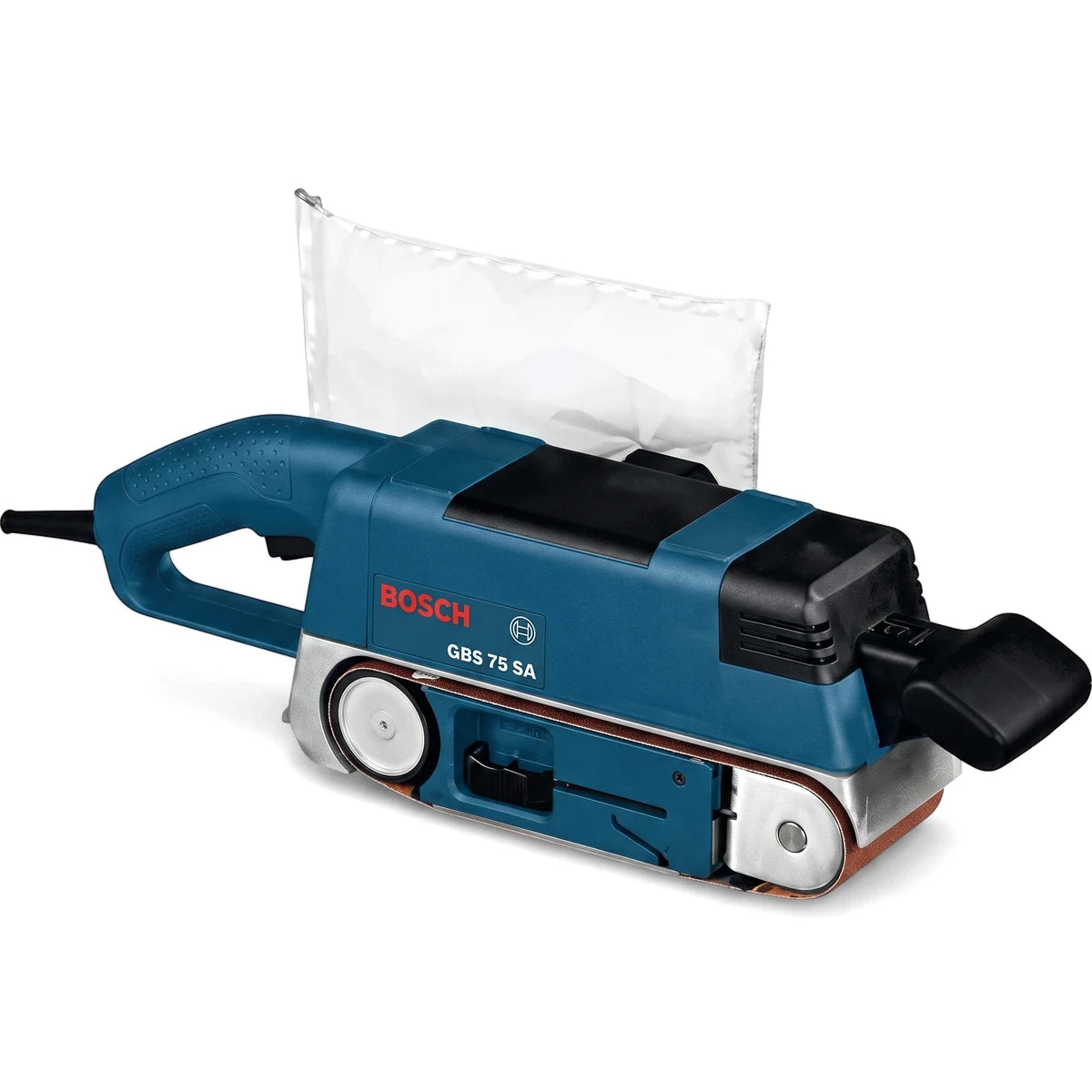 Blue Bosch 750W belt sander kit with 75X333mm sanding belt and attached dust bag, shown from an angled view.