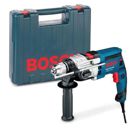 Blue Bosch 850W 13mm electric drill with a silver chuck and red power buttons, accompanied by its blue carry case with red