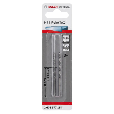 Bosch HSS PointTeQ metal drill bit set in clear and black retail packaging, featuring two grey drill bits.