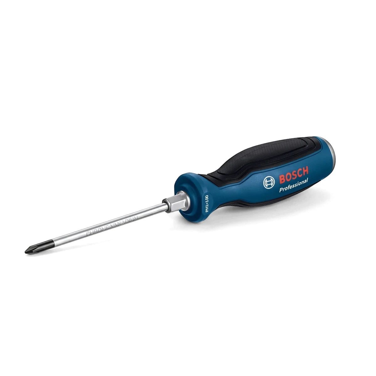 Bosch Professional PH1 x 100mm Phillips screwdriver with a blue and black ergonomic handle and a silver shaft.