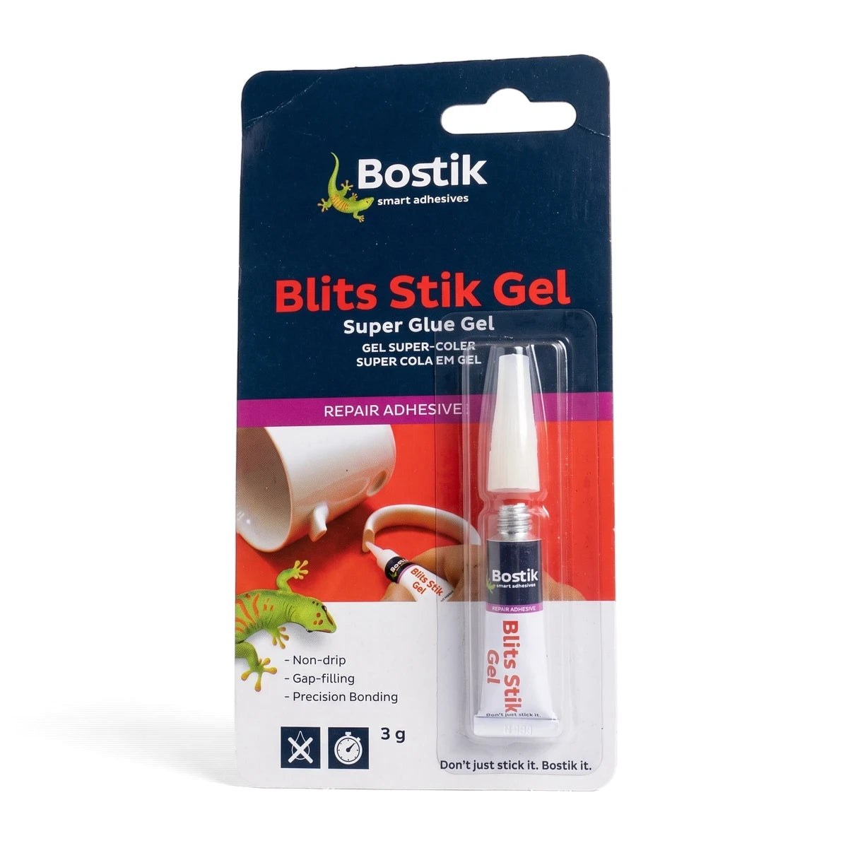 Bostik Blits Stik Gel super glue in a 3g clear blister pack, shown upright, designed for non-drip repair adhesive.