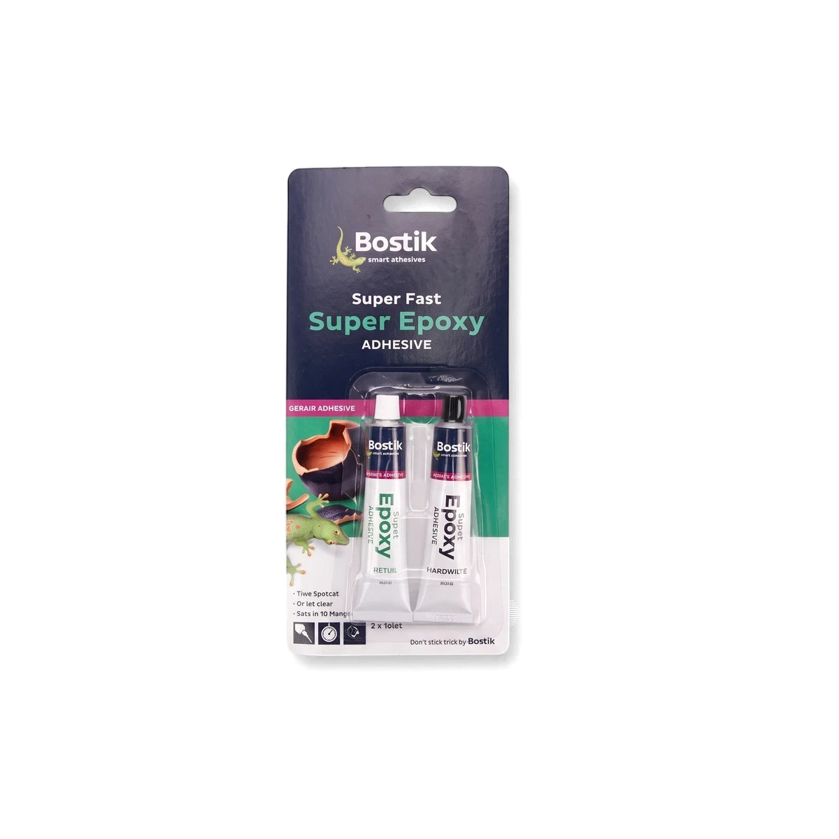 Bostik Super Epoxy adhesive in dark blue and green retail packaging, containing two tubes, displayed front-on.