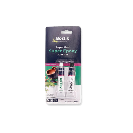 Bostik Super Epoxy adhesive in dark blue and green retail packaging, containing two tubes, displayed front-on.