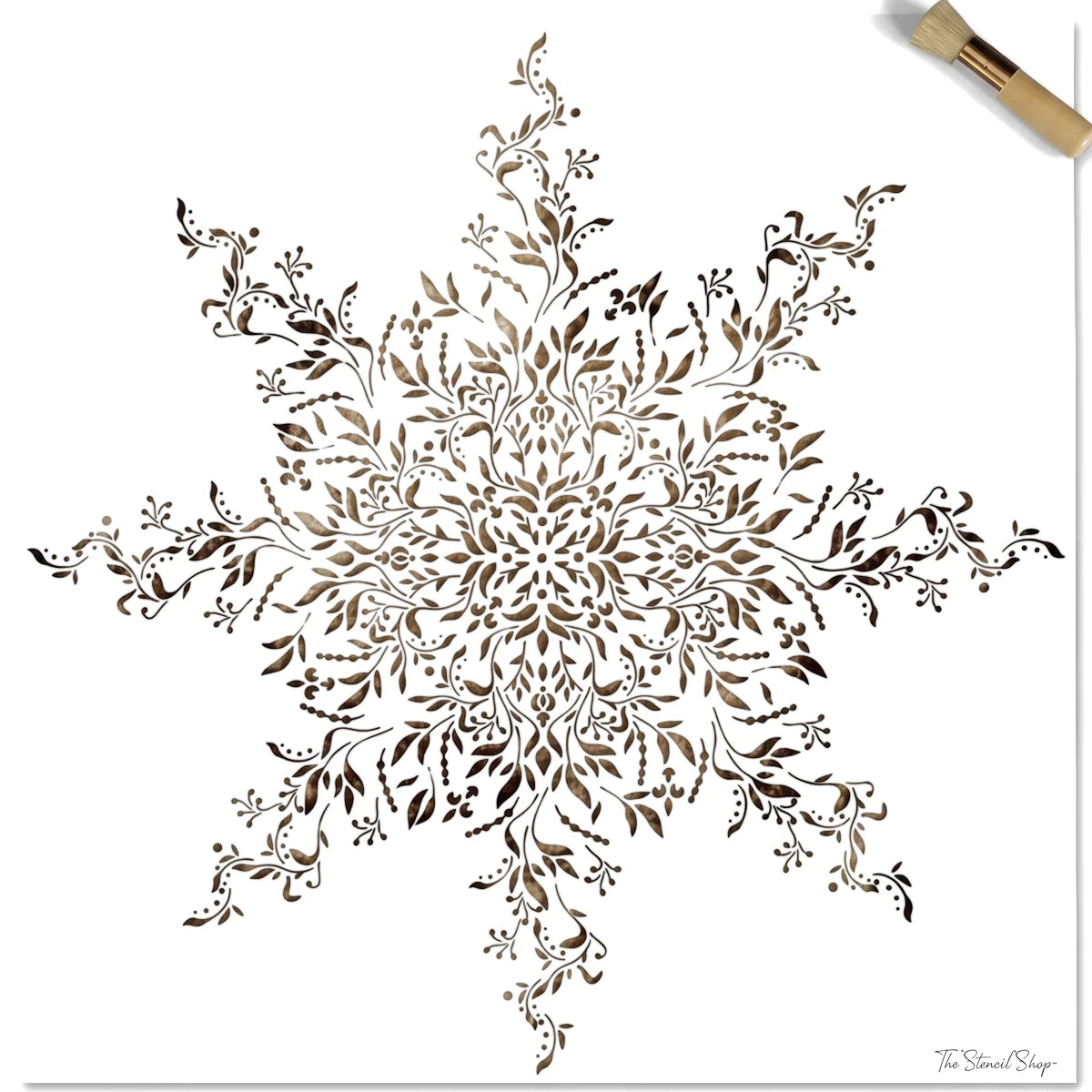 A square Botanical Bliss paint stencil featuring an intricate mandala design in gold and brown, positioned on a wooden