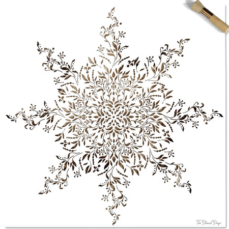 A square Botanical Bliss paint stencil featuring an intricate mandala design in gold and brown, positioned on a wooden