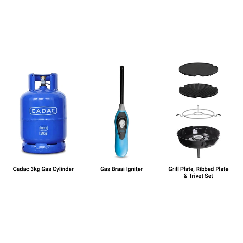 Braai Master Bundle featuring a blue Cadac 3kg gas cylinder, a blue and black gas igniter, and a black grill plate and