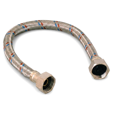 Flexible braided stainless steel connector hose, 1/2 inch x 450mm, with red and blue woven accents and brass