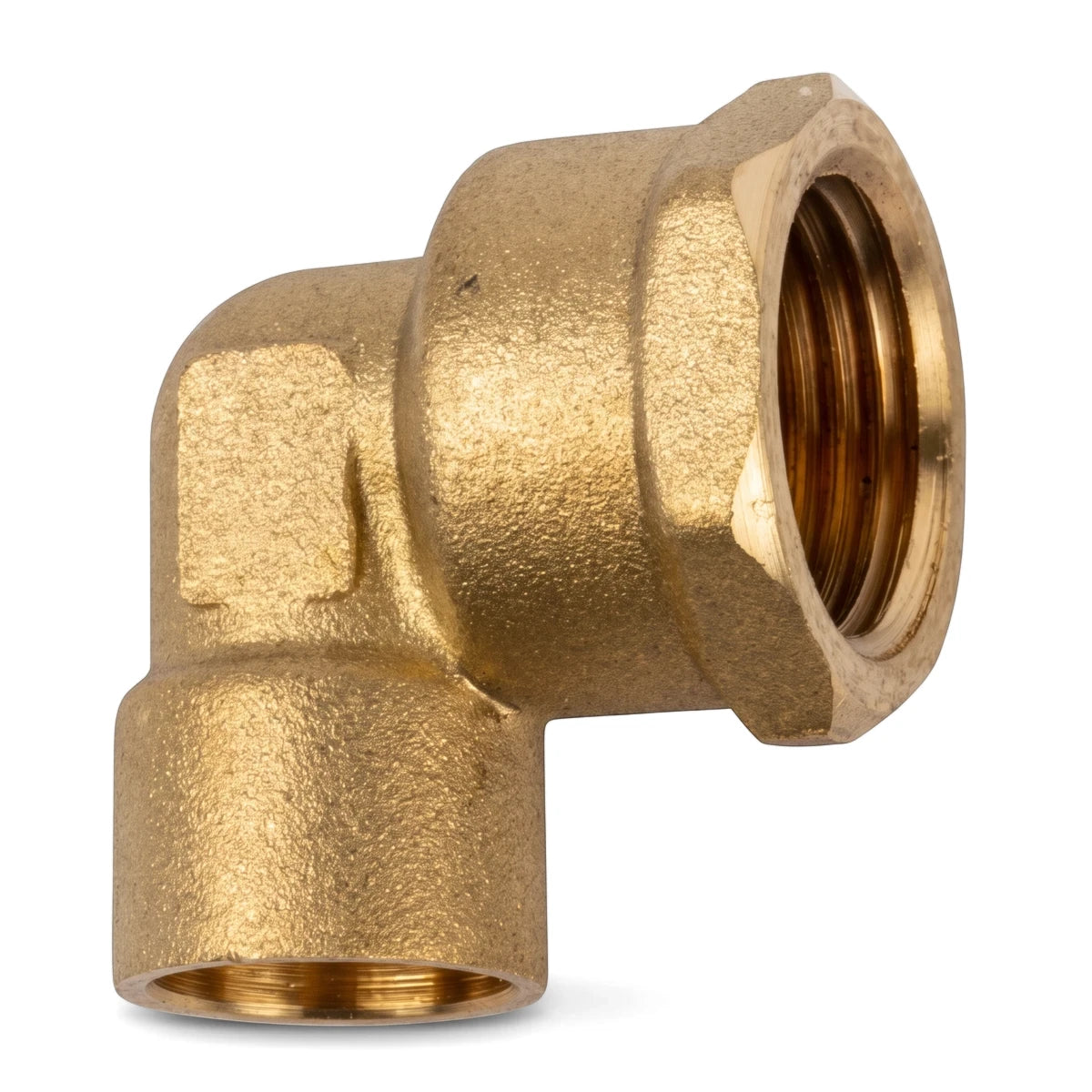 Brass 15X1/2 CXFI elbow plumbing fitting, featuring a 90-degree bend and threaded connections, shown from an angled view.