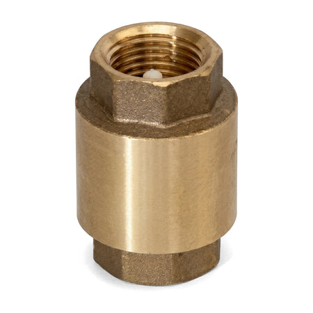 Brass 3/4 inch spring non-return check valve, featuring hexagonal ends and a cylindrical body.