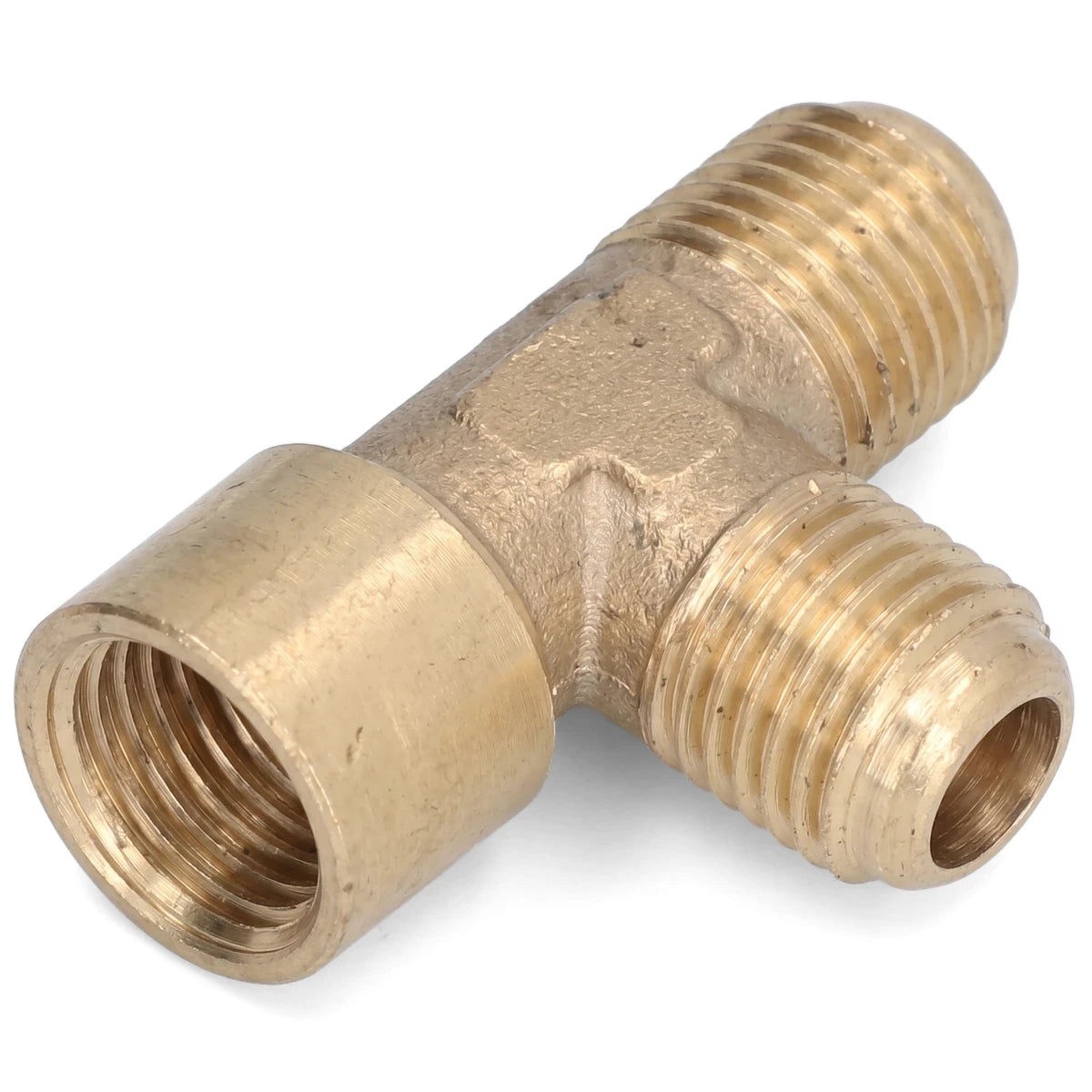 Brass 3-in-1 tap adapter with threaded ends, shown in a close-up view against a white background.