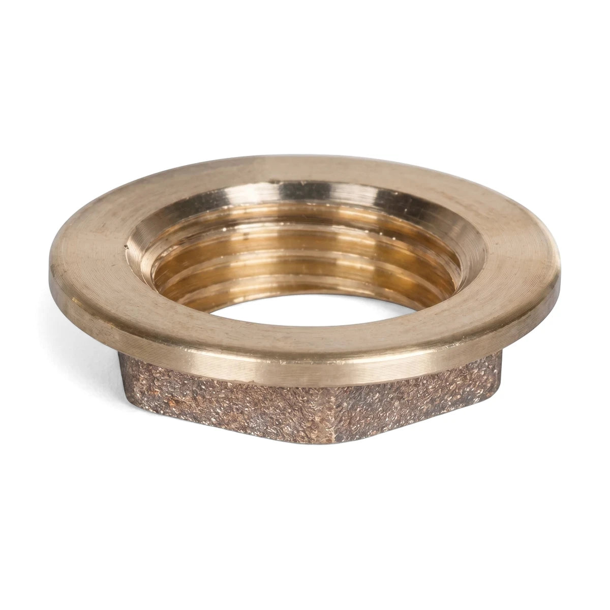A single 1/2 inch brass backnut for taps, featuring internal threading and a hexagonal base, displayed against a white